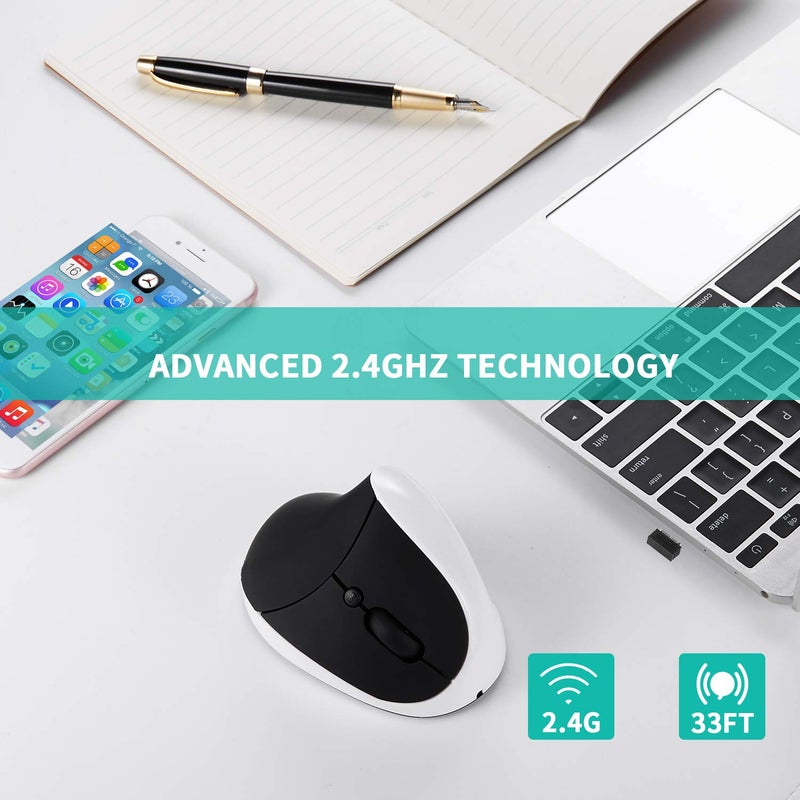 AURTEC Vertical Mouse, Rechargeable 2.4G Wireless Ergonomic Mice with USB Receiver, 6 Buttons and 3 Adjustable DPI 800/1200/1600, White - Image 3